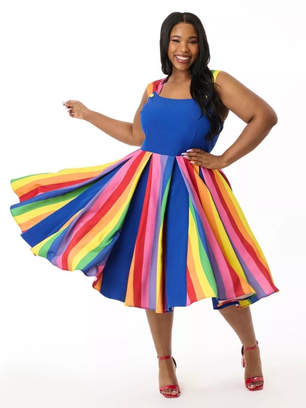 Unique Vintage Royal Blue Rainbow-Stripe Midi Dress